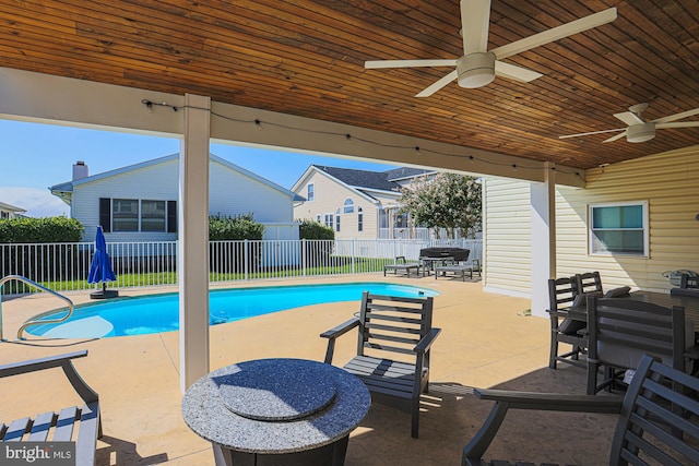 view of pool with a patio area and ceiling fan