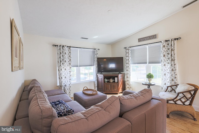 living room with lofted ceiling, hardwood / wood-style flooring, and plenty of natural light