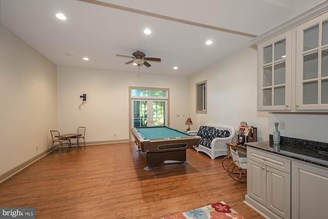 game room with french doors, pool table, light hardwood / wood-style floors, and ceiling fan