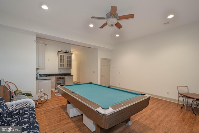 game room with ceiling fan, beverage cooler, billiards, and light wood-type flooring