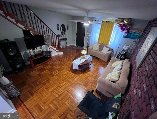 living room with parquet flooring