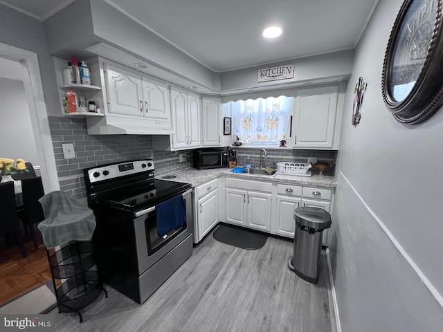 kitchen featuring electric stove, sink, white cabinetry, and light hardwood / wood-style flooring