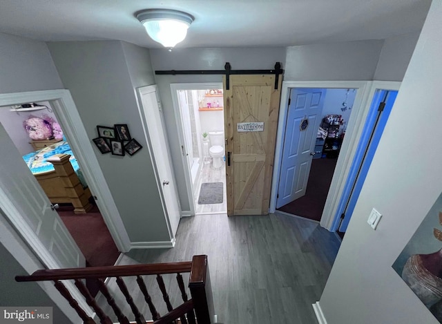 hall with a barn door and hardwood / wood-style flooring