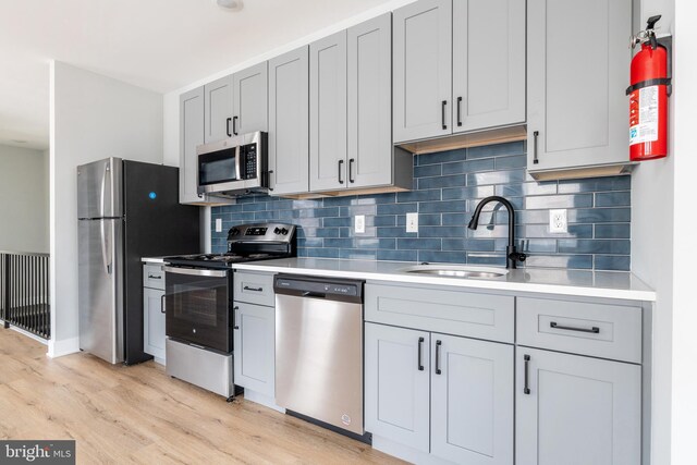 kitchen featuring stainless steel appliances, light hardwood / wood-style floors, tasteful backsplash, and sink