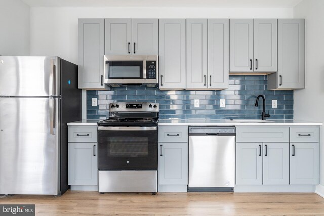 kitchen featuring light wood-type flooring, gray cabinets, tasteful backsplash, sink, and appliances with stainless steel finishes