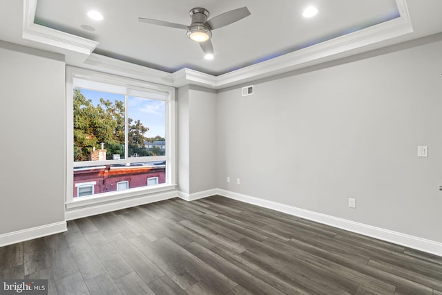 unfurnished room featuring dark wood-type flooring, ceiling fan, and a raised ceiling