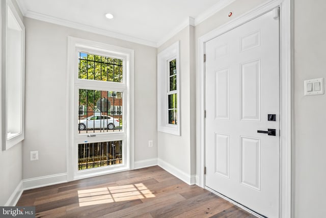 entrance foyer with hardwood / wood-style flooring and ornamental molding