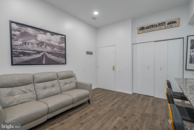 living area with recessed lighting and wood finished floors