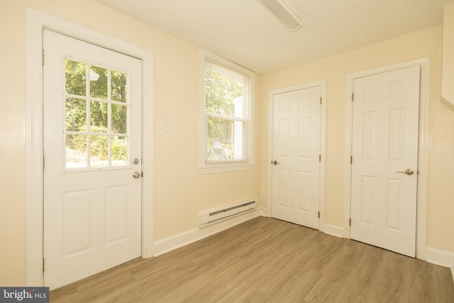 doorway to outside with a healthy amount of sunlight, light hardwood / wood-style flooring, and a baseboard radiator