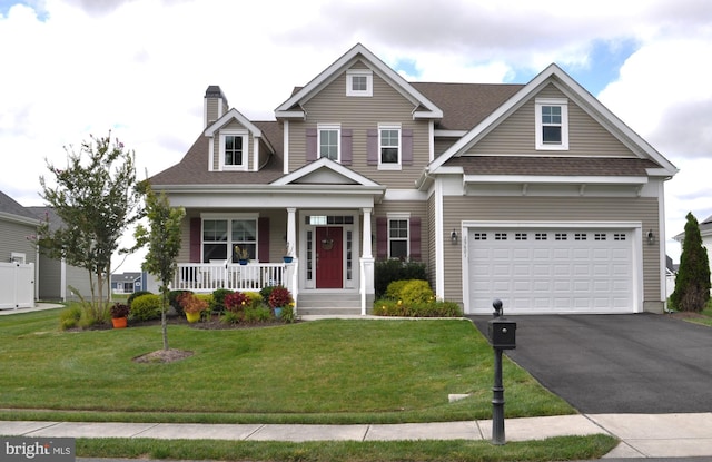 craftsman house with a garage, a front yard, and a porch