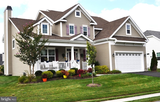 view of front of home with a front lawn, a garage, and covered porch