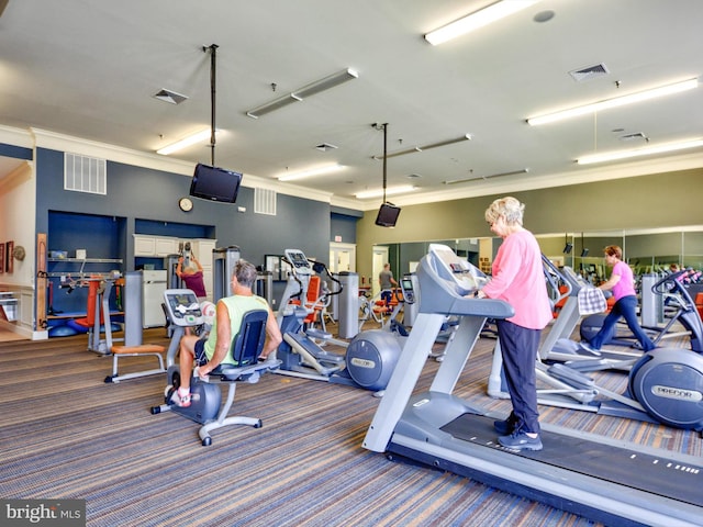 exercise room with dark carpet