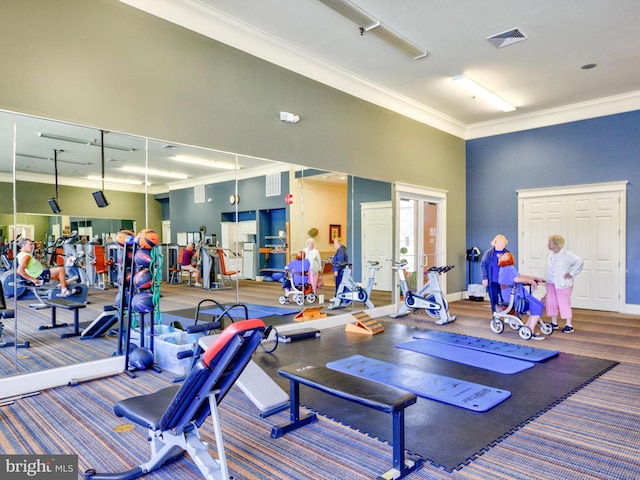 exercise room featuring ornamental molding and a towering ceiling