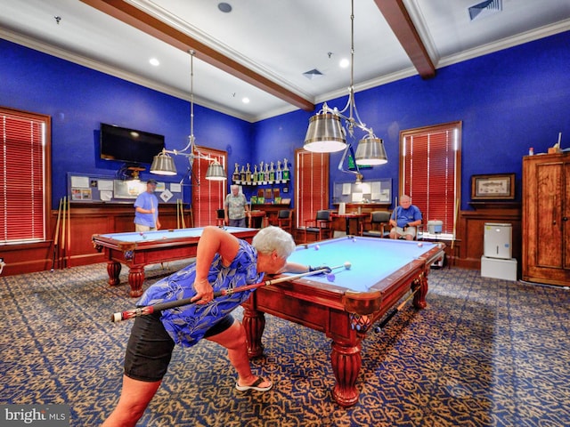 rec room with crown molding, pool table, carpet floors, and beam ceiling