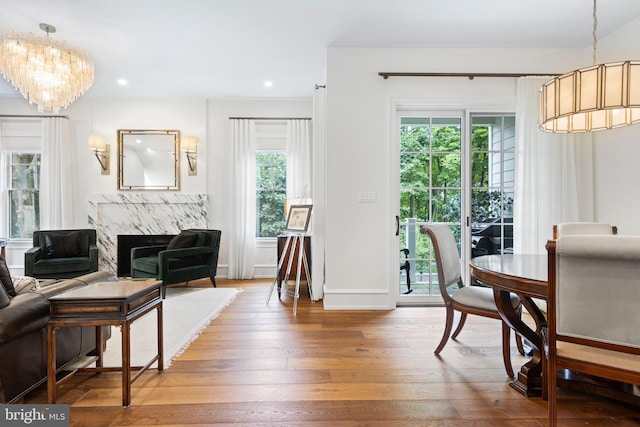 living room with wood-type flooring, a wealth of natural light, and a fireplace