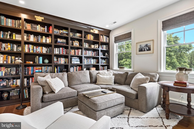 living room with a wealth of natural light and wood-type flooring