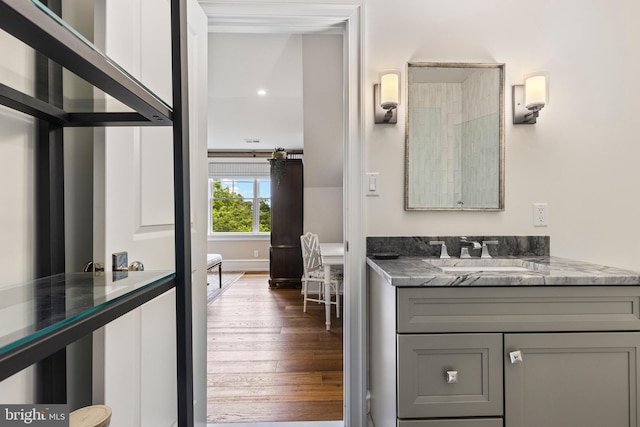 bathroom with wood-type flooring and vanity