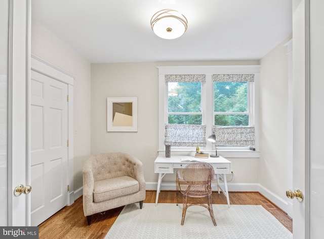 living area featuring baseboards and wood finished floors