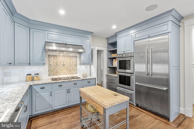 kitchen featuring light wood-type flooring, light stone counters, range hood, and appliances with stainless steel finishes