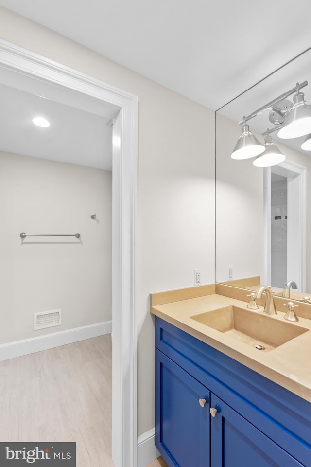 bathroom with vanity and wood-type flooring