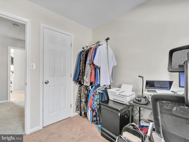 walk in closet with light colored carpet