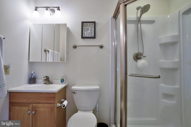 full bathroom featuring toilet, a stall shower, and vanity