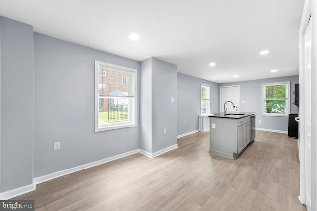 kitchen featuring plenty of natural light, stainless steel dishwasher, light wood-type flooring, and a kitchen island with sink