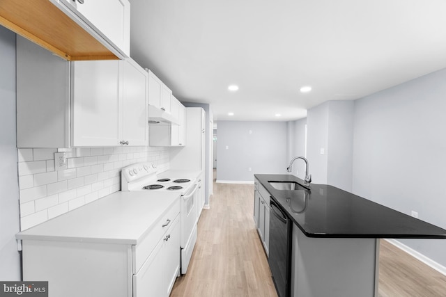 kitchen featuring white electric range, light hardwood / wood-style flooring, sink, black dishwasher, and a center island with sink