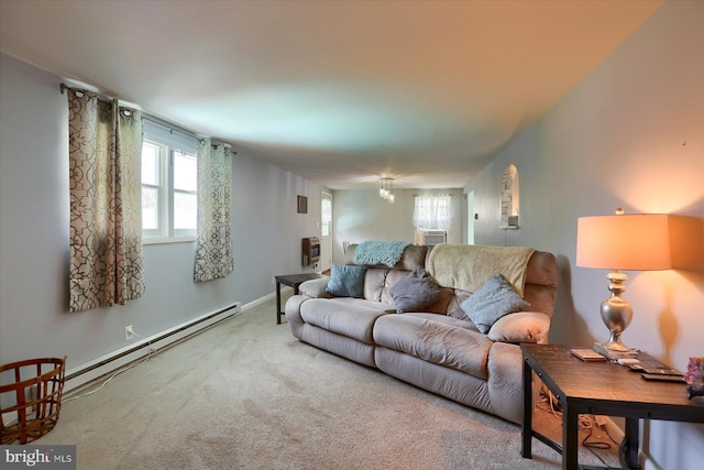 carpeted living room with heating unit, a baseboard radiator, and cooling unit