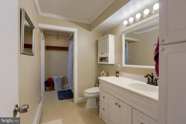 bathroom with crown molding, tile patterned floors, toilet, a shower with curtain, and vanity