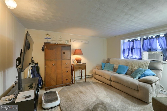 living room with a baseboard radiator, a textured ceiling, cooling unit, and carpet flooring