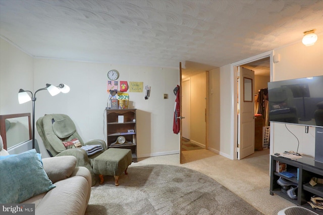 living room featuring carpet and a textured ceiling