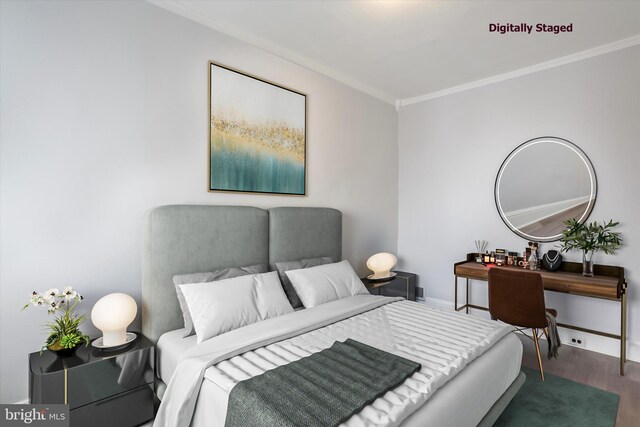 bedroom with crown molding and dark wood-type flooring