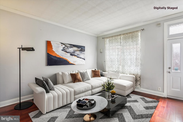 living room featuring crown molding, baseboards, and wood finished floors