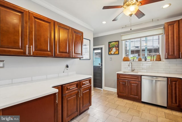 kitchen featuring light countertops, decorative backsplash, stainless steel dishwasher, ornamental molding, and a sink