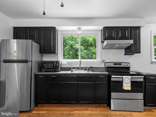 kitchen featuring light wood-type flooring, appliances with stainless steel finishes, and sink