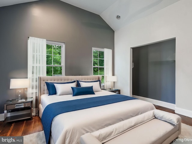 bedroom with high vaulted ceiling and dark hardwood / wood-style flooring