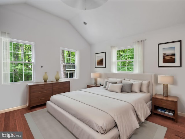 bedroom featuring lofted ceiling, dark wood-type flooring, and multiple windows