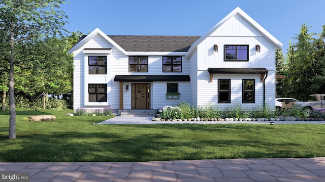 modern inspired farmhouse featuring a standing seam roof, metal roof, board and batten siding, and a front yard