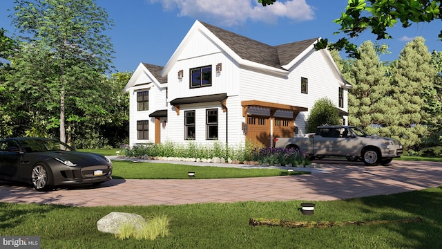 view of front of property featuring board and batten siding and a front yard