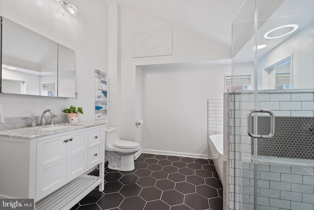 full bathroom featuring toilet, tile patterned floors, vanity, independent shower and bath, and lofted ceiling