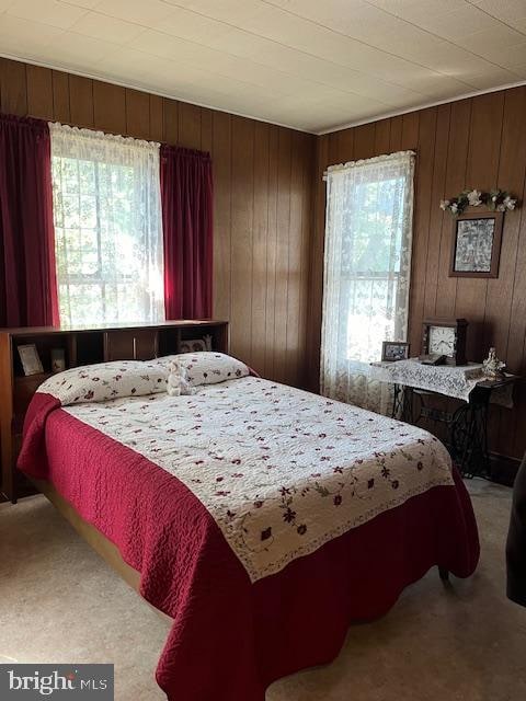 bedroom with multiple windows, wood walls, and carpet floors