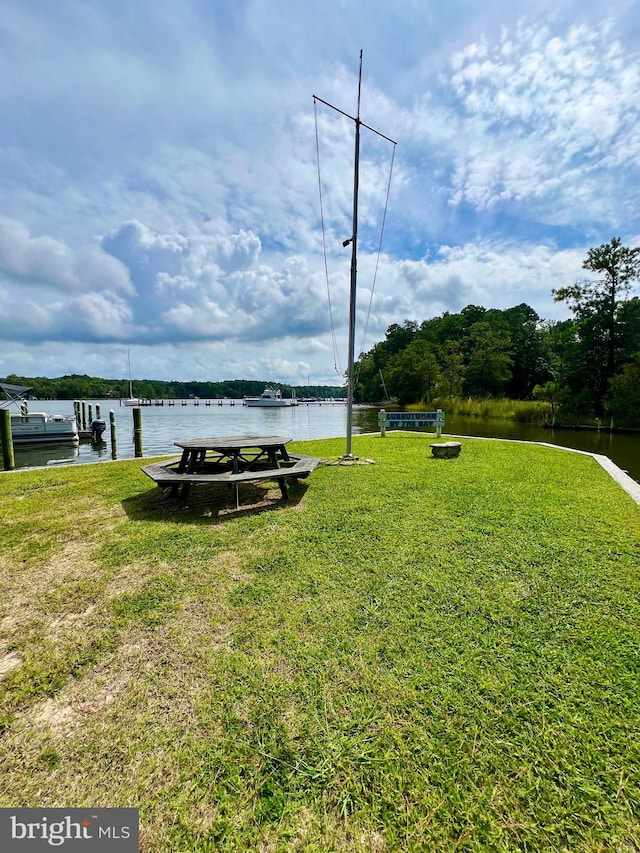 view of yard with a boat dock and a water view