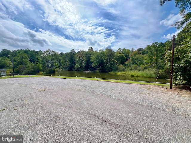 view of street with a water view