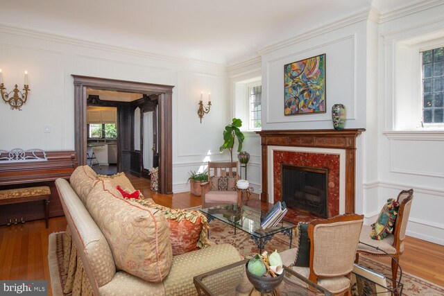 living room featuring wood-type flooring, plenty of natural light, and a fireplace