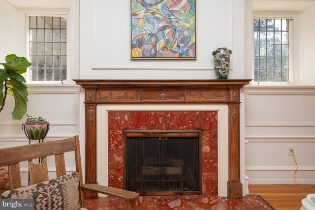 room details featuring a high end fireplace and hardwood / wood-style flooring