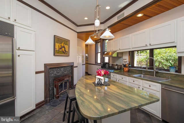 kitchen with white cabinetry, appliances with stainless steel finishes, a fireplace, and sink