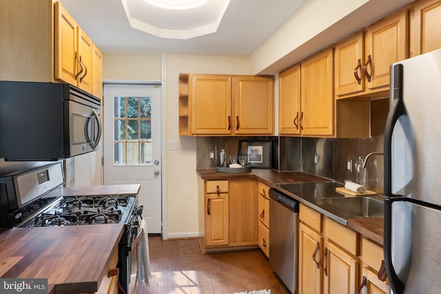 kitchen featuring dark hardwood / wood-style flooring, wooden counters, backsplash, a tray ceiling, and appliances with stainless steel finishes