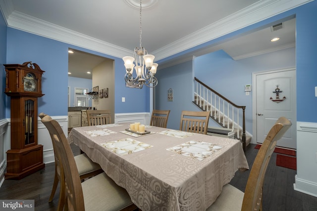 dining room featuring stairs, visible vents, ornamental molding, and dark wood-style flooring