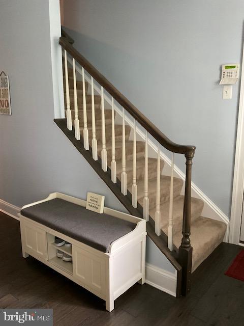 stairs with hardwood / wood-style floors